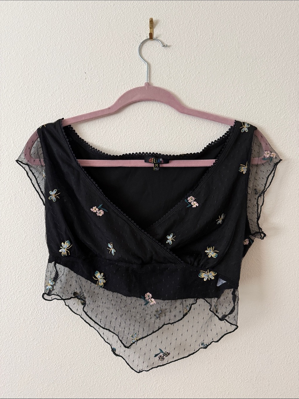 dELiA*s Black Sheer Embroidered Wrap Camisole